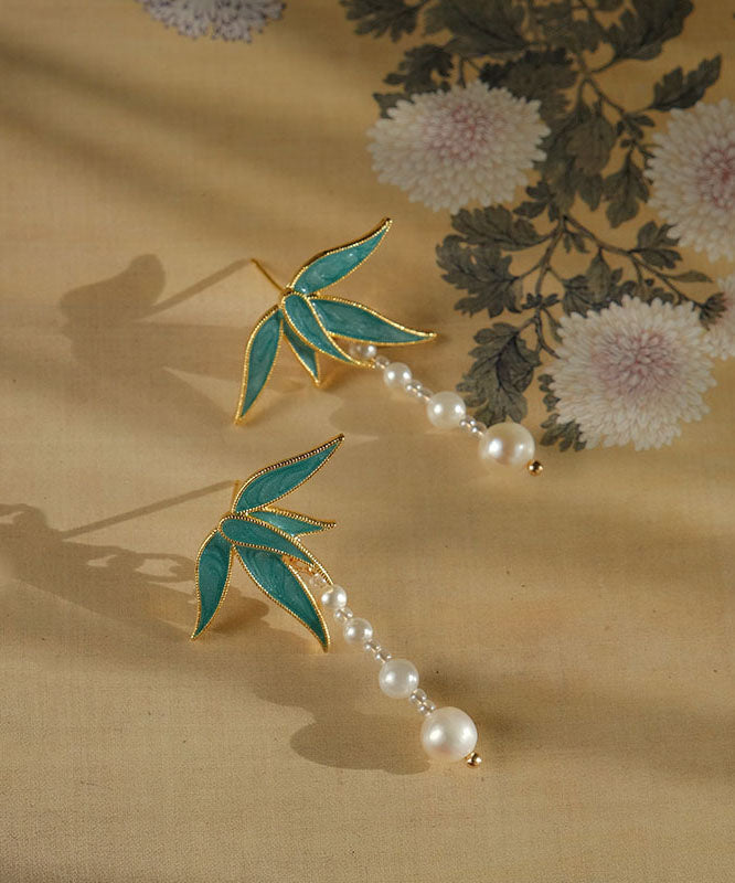 Blue Alloy Pearl Drip Glaze Bamboo Leaf Tassel Drop Earrings