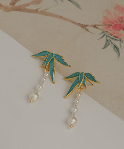 Blue Alloy Pearl Drip Glaze Bamboo Leaf Tassel Drop Earrings