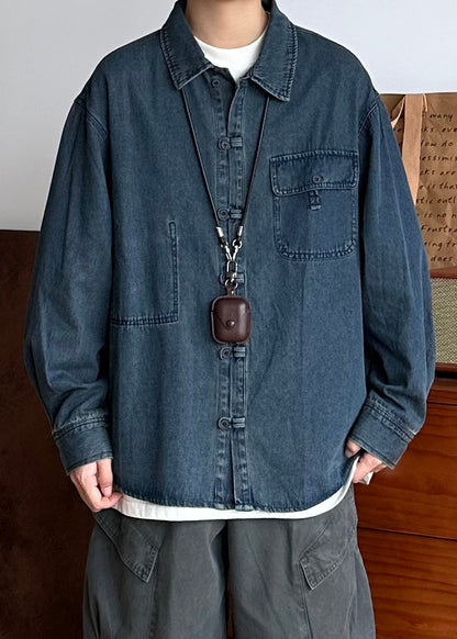 Oversized Spring Coat Pockets Button Blue Denim