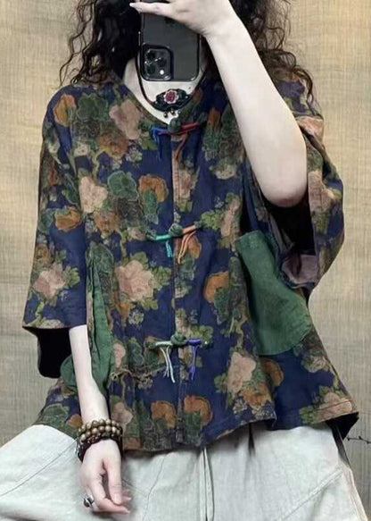 Blue Button Print Linen Blouse Half Sleeve Gg038