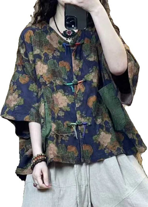 Blue Button Print Linen Blouse Half Sleeve Gg038