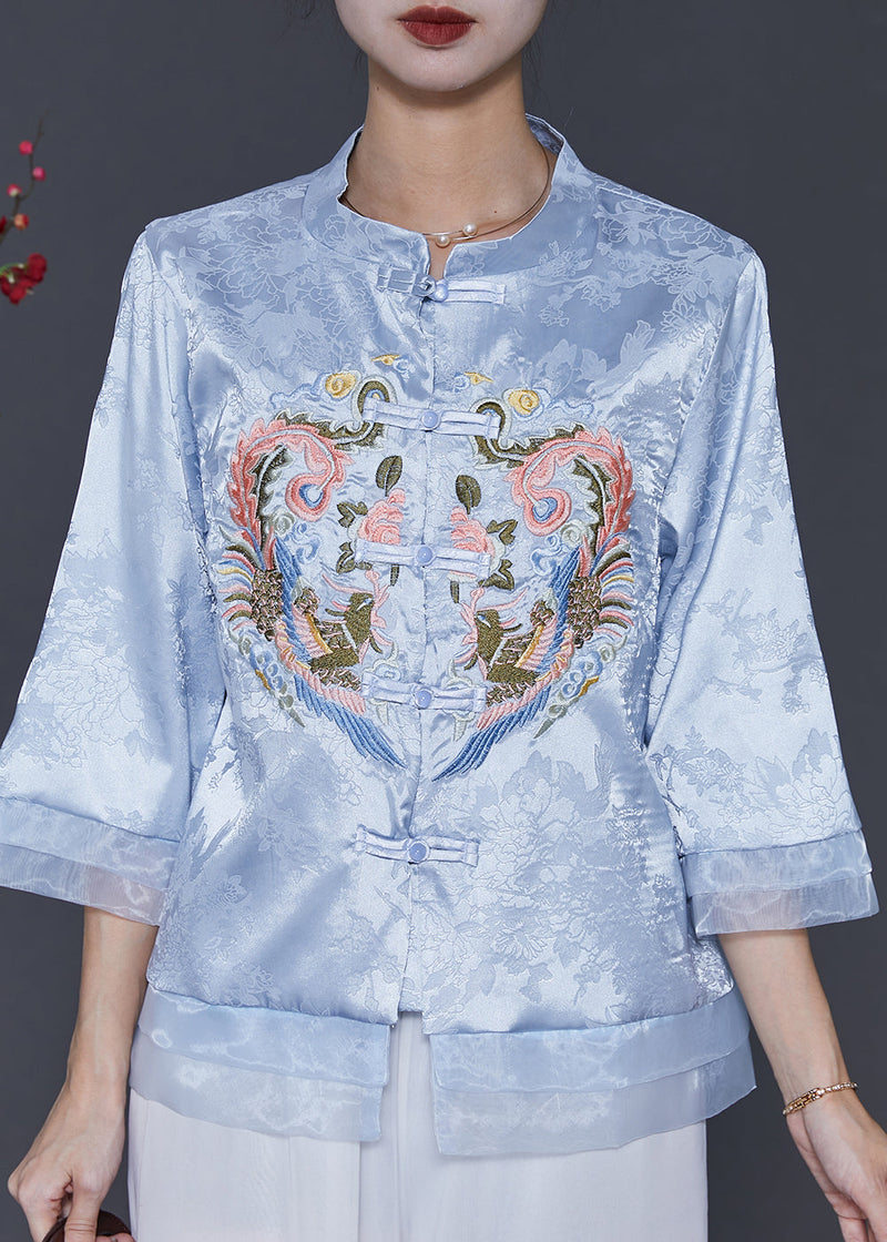 Blue Embroidered Patchwork Oriental Silk Blouses Spring Sd1039