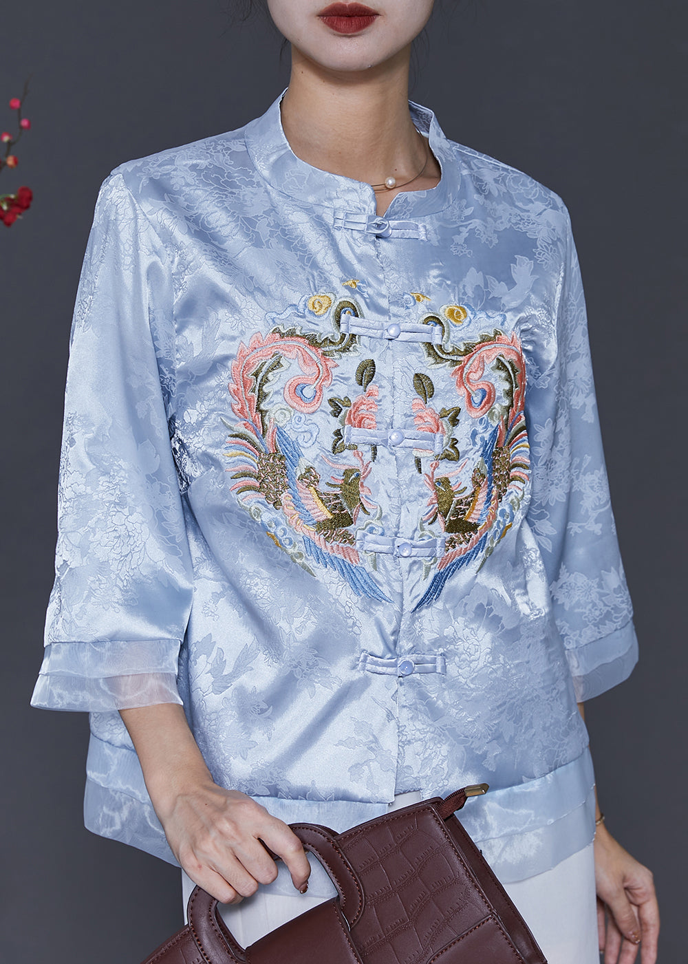 Blue Embroidered Patchwork Oriental Silk Blouses Spring Sd1039