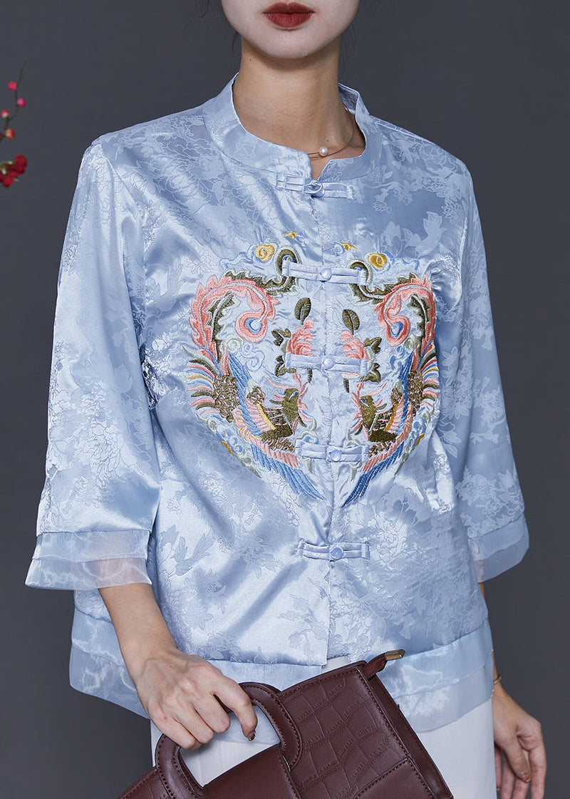 Blue Embroidered Patchwork Oriental Silk Blouses Spring Sd1039