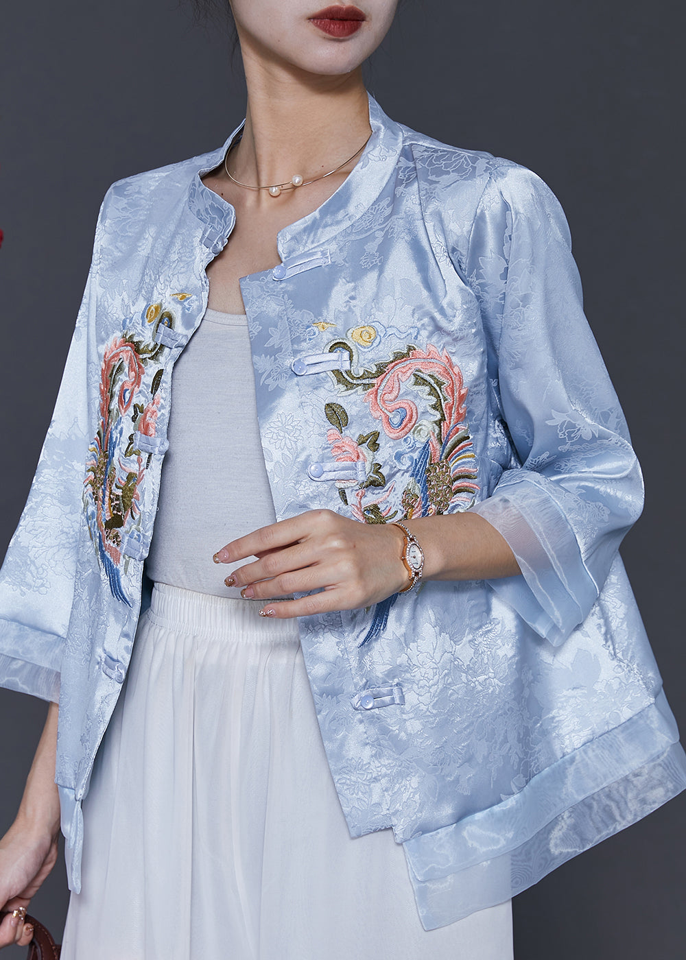 Blue Embroidered Patchwork Oriental Silk Blouses Spring Sd1039