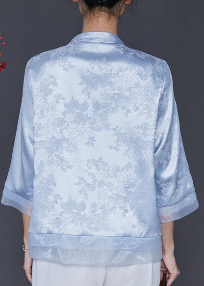 Blue Embroidered Patchwork Oriental Silk Blouses Spring Sd1039