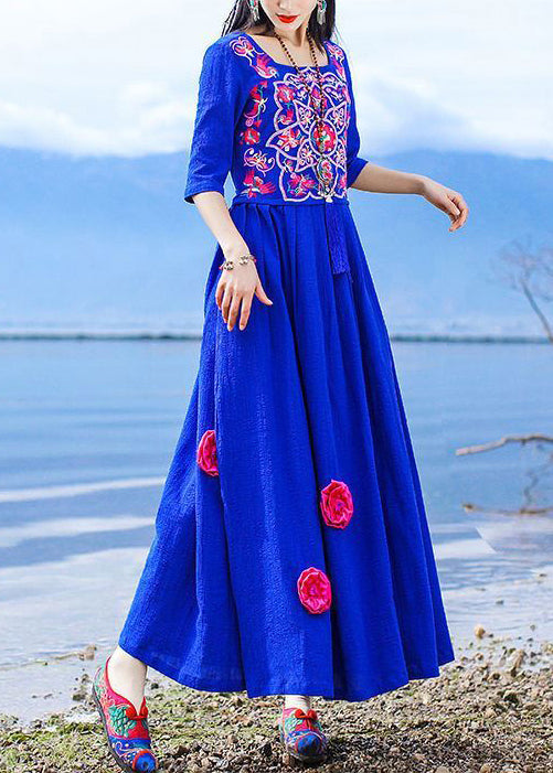 Blue Embroidered Tie Waist Cotton Long Dress Half Sleeve Kk094