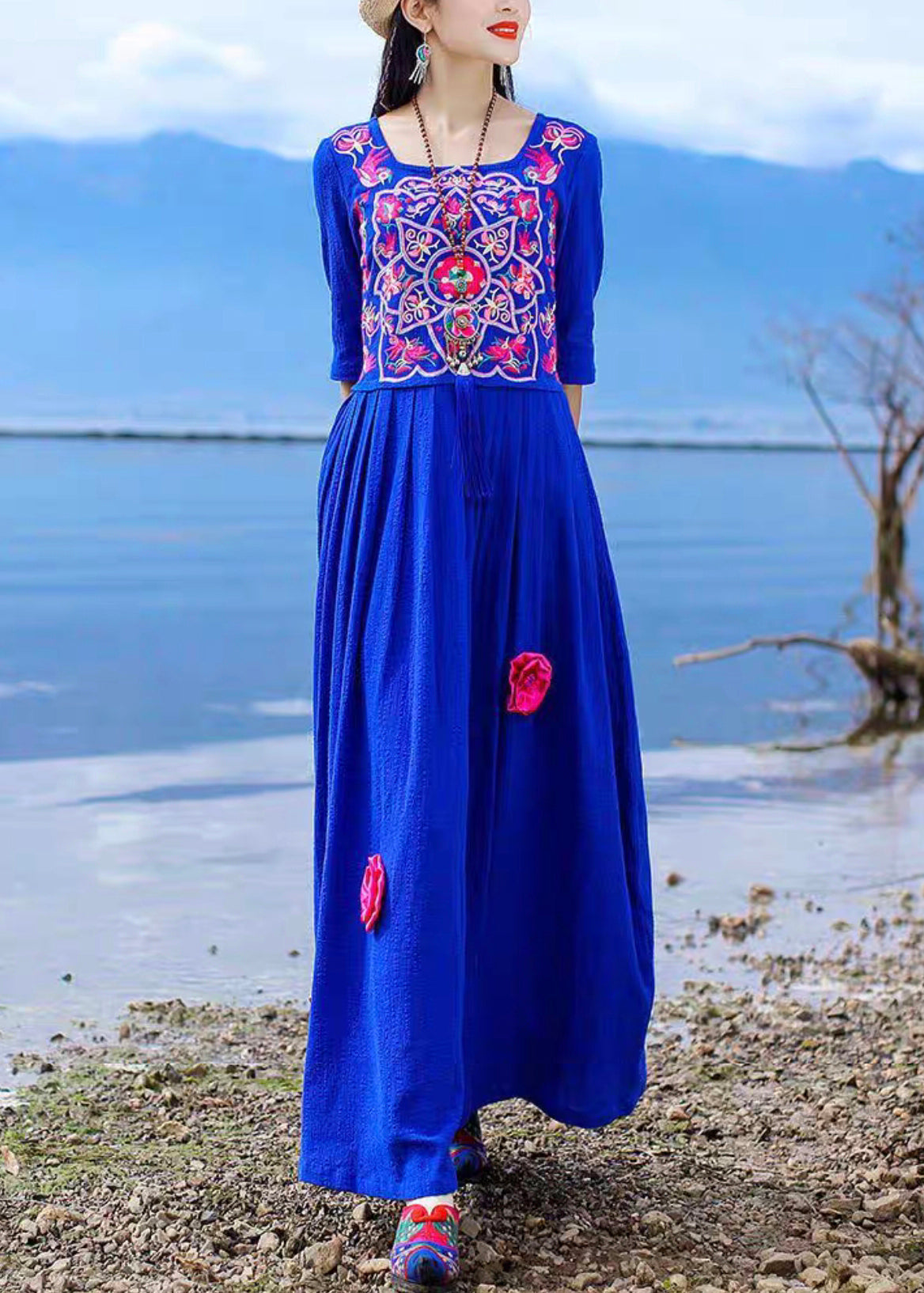 Blue Embroidered Tie Waist Cotton Long Dress Half Sleeve Kk094