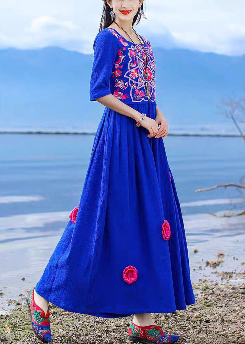Blue Embroidered Tie Waist Cotton Long Dress Half Sleeve Kk094