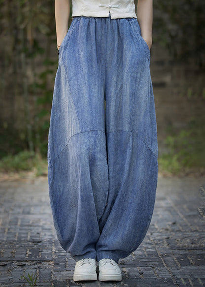 Blue Pockets High Waist Linen Summer Pants Qe021