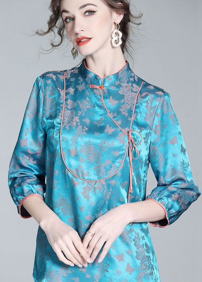 Blue Stand Collar Patchwork Jacquard Silk Blouse Tops Spring Ly0139