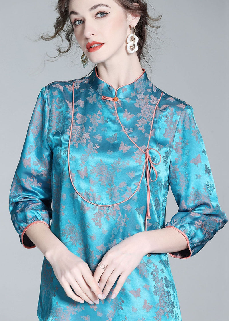 Blue Stand Collar Patchwork Jacquard Silk Blouse Tops Spring Ly0139