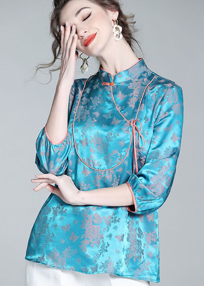 Blue Stand Collar Patchwork Jacquard Silk Blouse Tops Spring Ly0139
