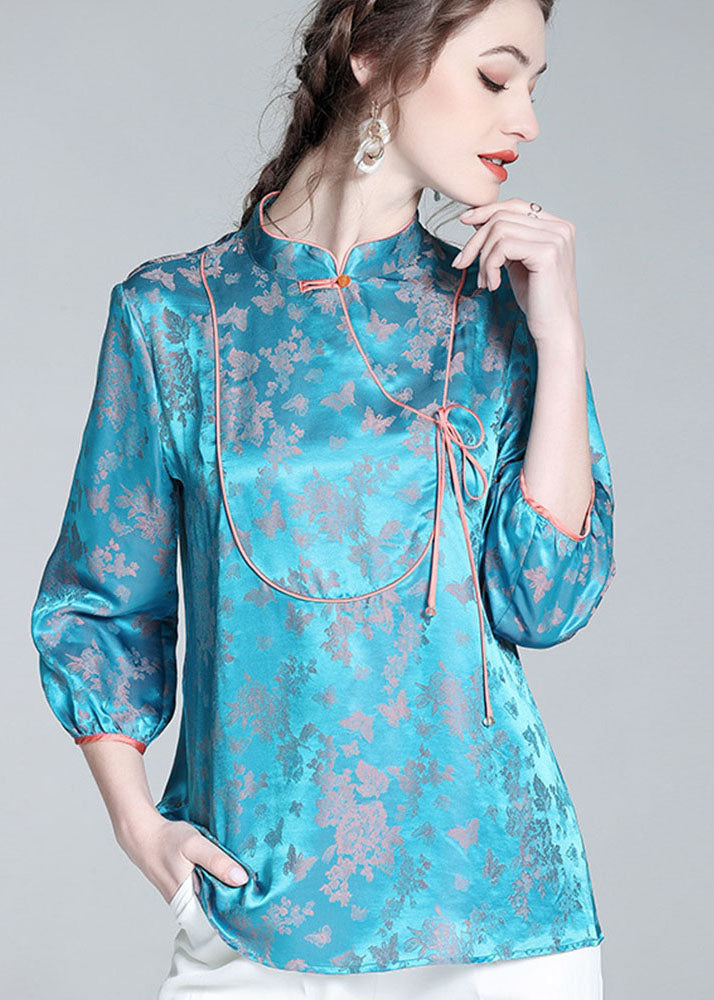 Blue Stand Collar Patchwork Jacquard Silk Blouse Tops Spring Ly0139