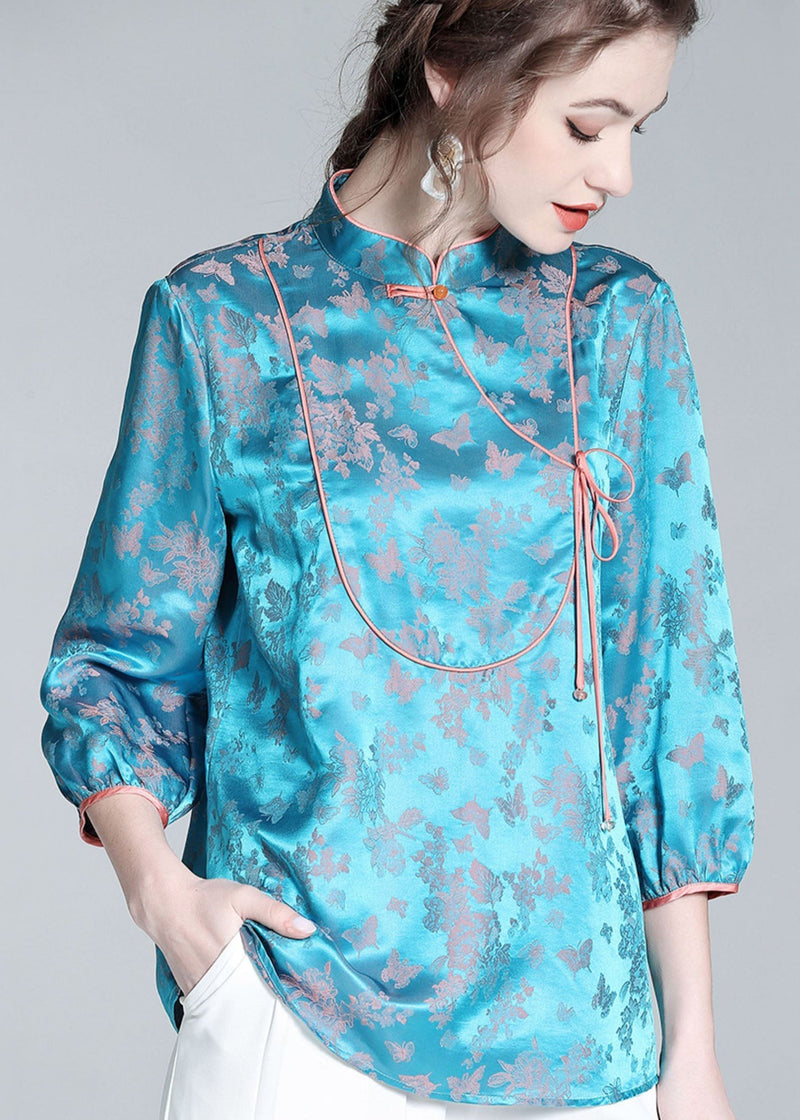 Blue Stand Collar Patchwork Jacquard Silk Blouse Tops Spring Ly0139