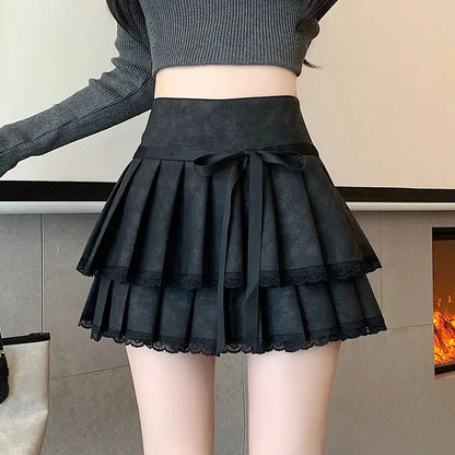 Bow Pleated Pu Skirt