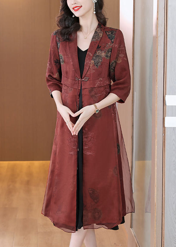 Brick Red Embroideried Silk Cardigans Bracelet Sleeve Ly1005