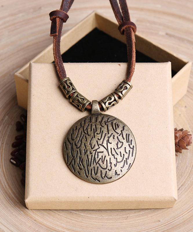 Brown Alloy Leather Rope Pendant Necklace