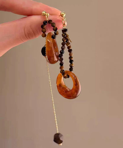Brown Copper Overgild Asymmetrical Tiger's Eye Beading Tassel Drop Earrings