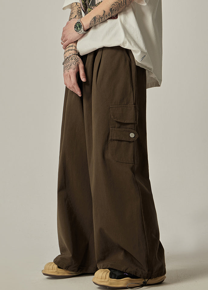 Pockets Drawstring Pants Brown Wide Leg Cotton