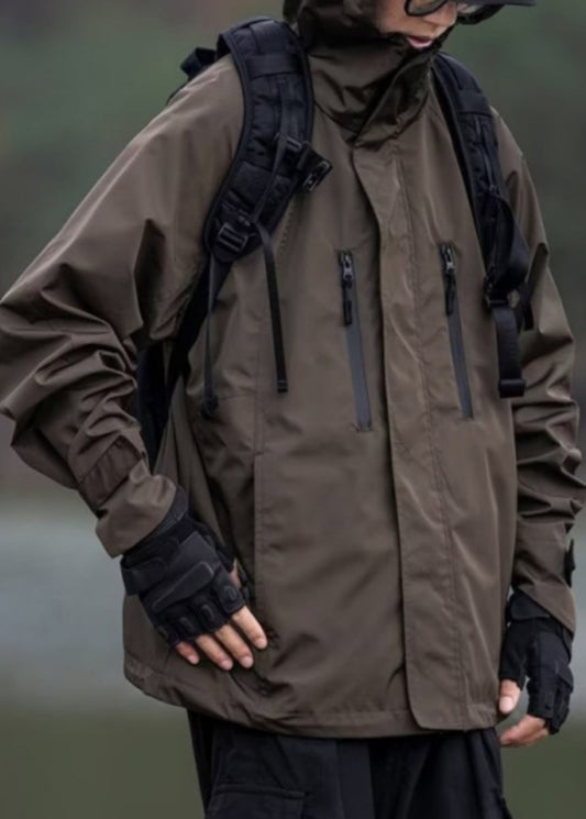 Zippered Brown Spring Oversized Pockets Cotton Coats