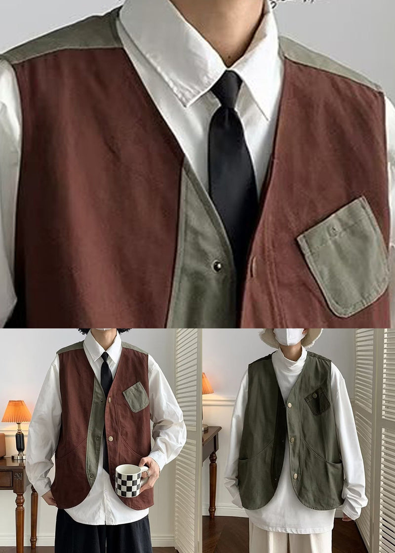 Green Button Patchwork Cotton Waistcoat V Neck Sleeveless Rn006
