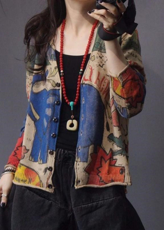 Coffee V Neck Print Button Knit Cardigan Spring Tz050