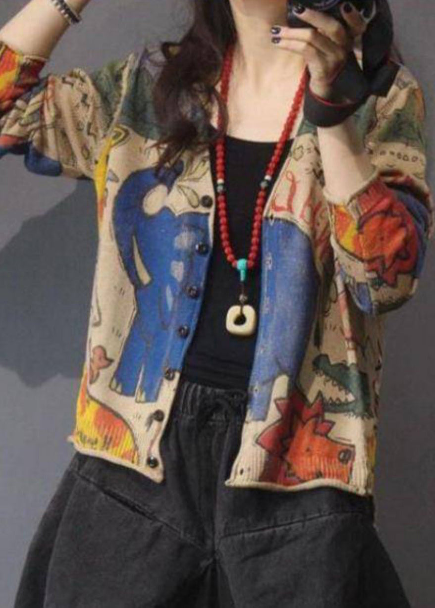Coffee V Neck Print Button Knit Cardigan Spring Tz050