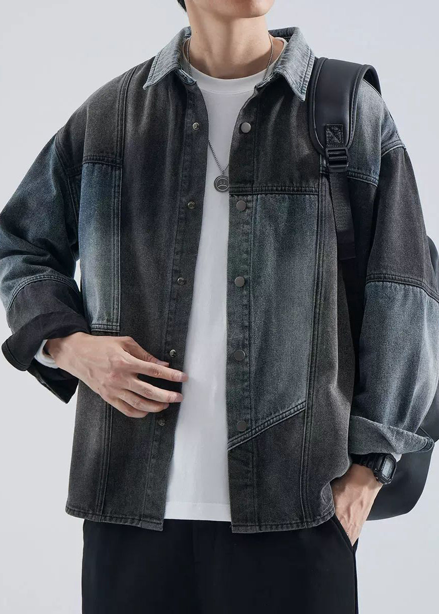 Coat Peter Pan Button Spring Colorblock Collar Denim