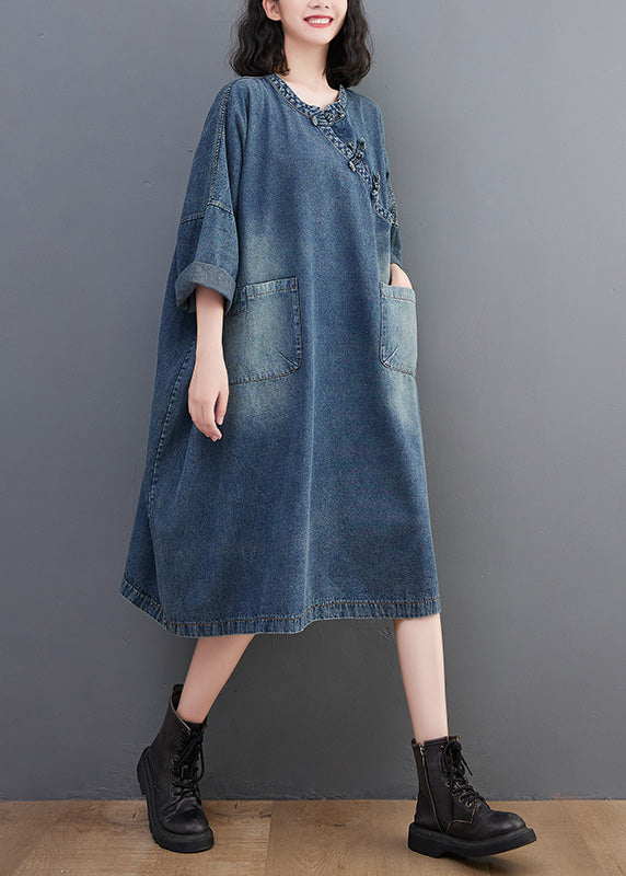 Denim Blue O-neck Patchwork Button Long Dress Long Sleeve Ac2017
