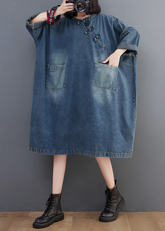 Denim Blue O-neck Patchwork Button Long Dress Long Sleeve Ac2017