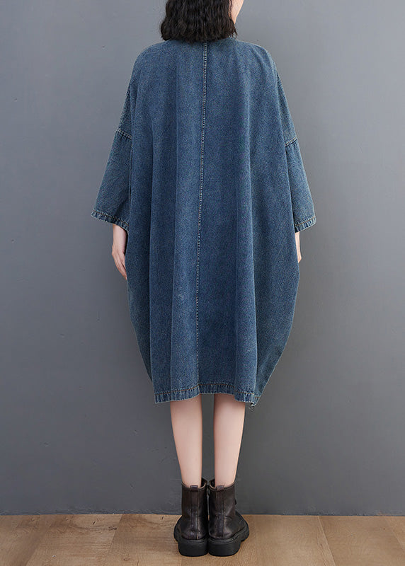 Denim Blue O-neck Patchwork Button Long Dress Long Sleeve Ac2017