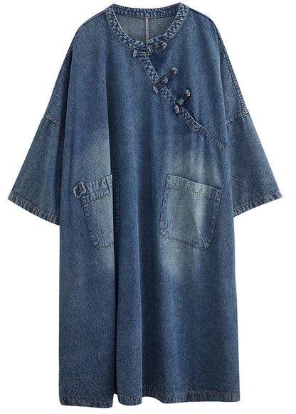 Denim Blue O-neck Patchwork Button Long Dress Long Sleeve Ac2017