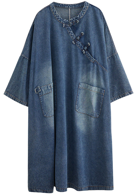 Denim Blue O-neck Patchwork Button Long Dress Long Sleeve Ac2017