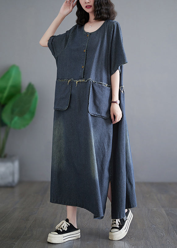 Denim Blue Patchwork Side Open Button Maxi Dresses Short Sleeve Gh1045