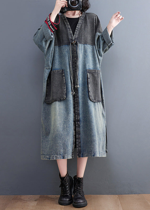 Denim Blue V Neck Patchwork Trench Coat Spring Ly0645