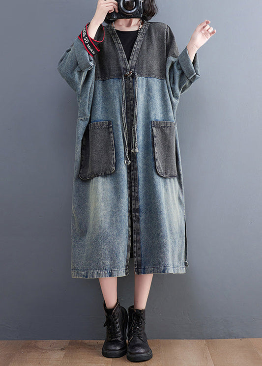 Denim Blue V Neck Patchwork Trench Coat Spring Ac2069