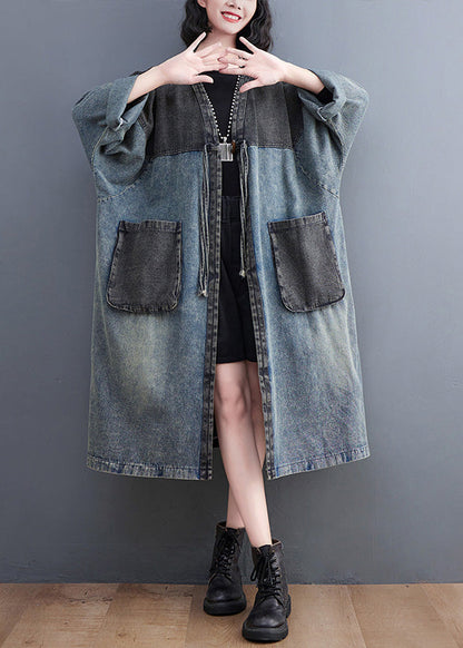 Denim Blue V Neck Patchwork Trench Coat Spring Ly0645