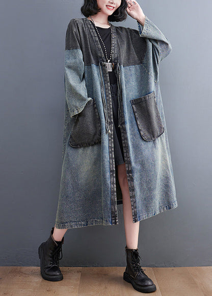 Denim Blue V Neck Patchwork Trench Coat Spring Ac2069