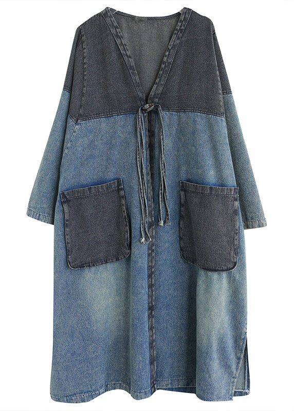 Denim Blue V Neck Patchwork Trench Coat Spring Ac2069