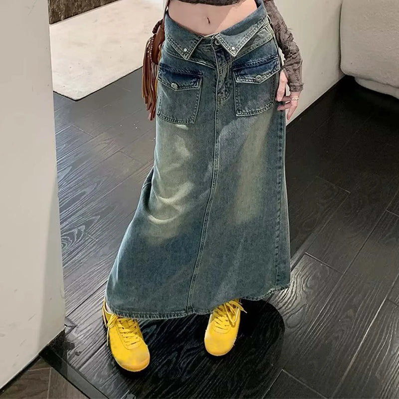 Loose Midi Wrap Denim Skirt