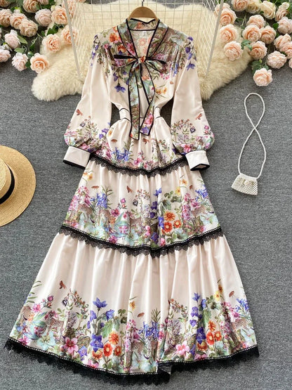 Long Dress Slim Printed Party Dresses Tie Bow Elastic Waist Lantern Long Sleeve Long Robe Vestidos