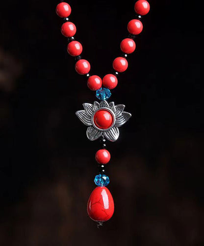 Crystal Patchwork Red Cinnabar Pendant Necklace