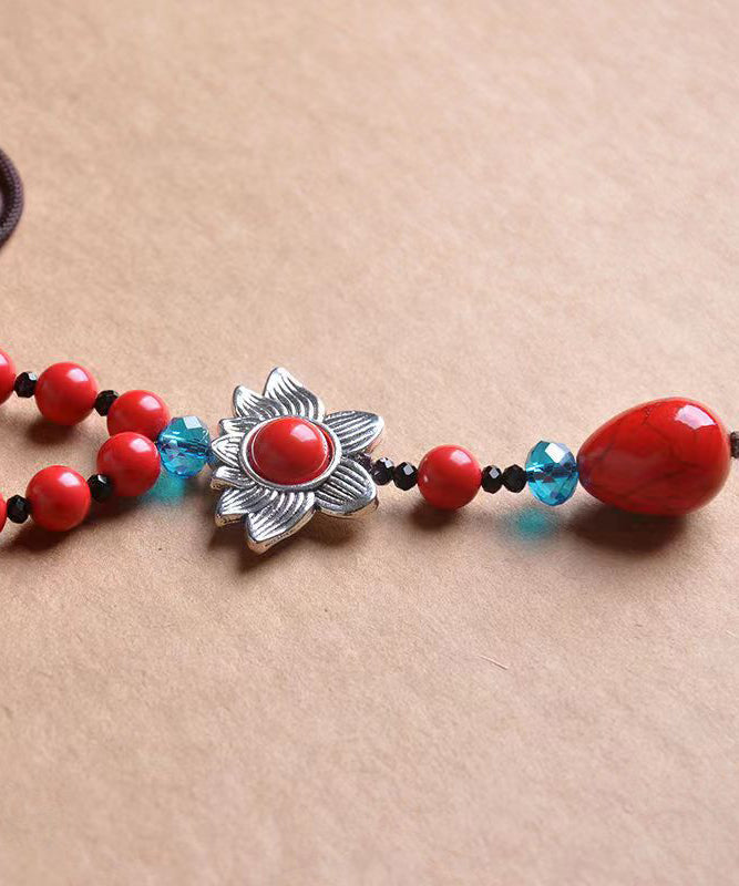 Crystal Patchwork Red Cinnabar Pendant Necklace