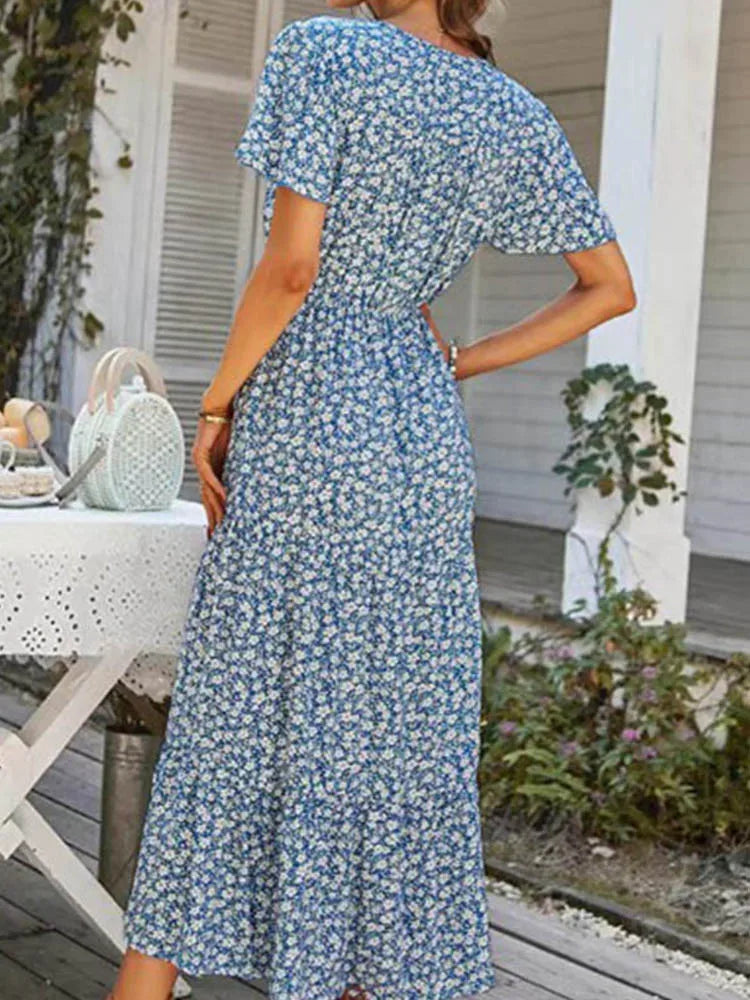 Loose New Slit Holiday Leisure Print Midi Dresses