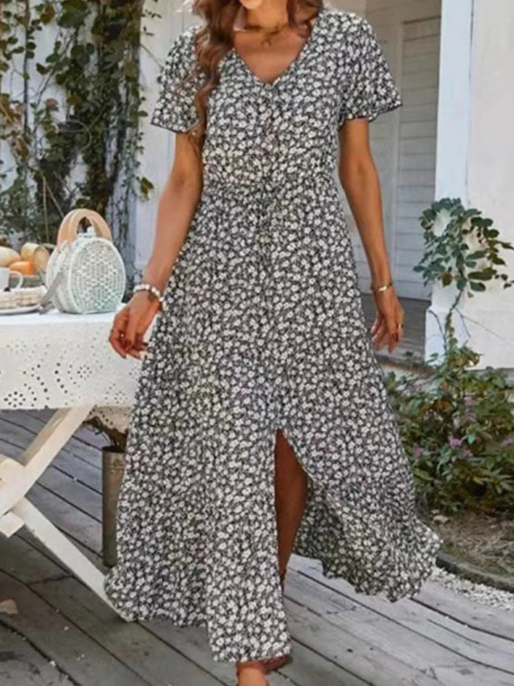 Loose New Slit Holiday Leisure Print Midi Dresses
