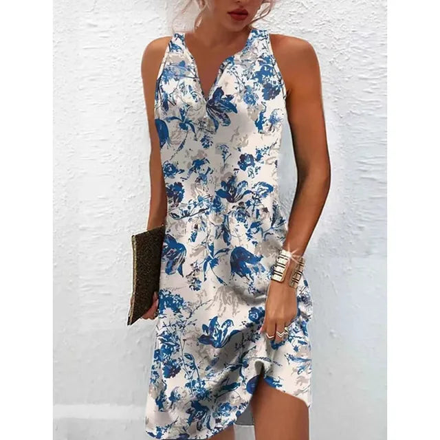 Flower Print Mini Dresses Summer New V-neck A-line Sleeveless Dress Vestido Lady Commuting Clothing
