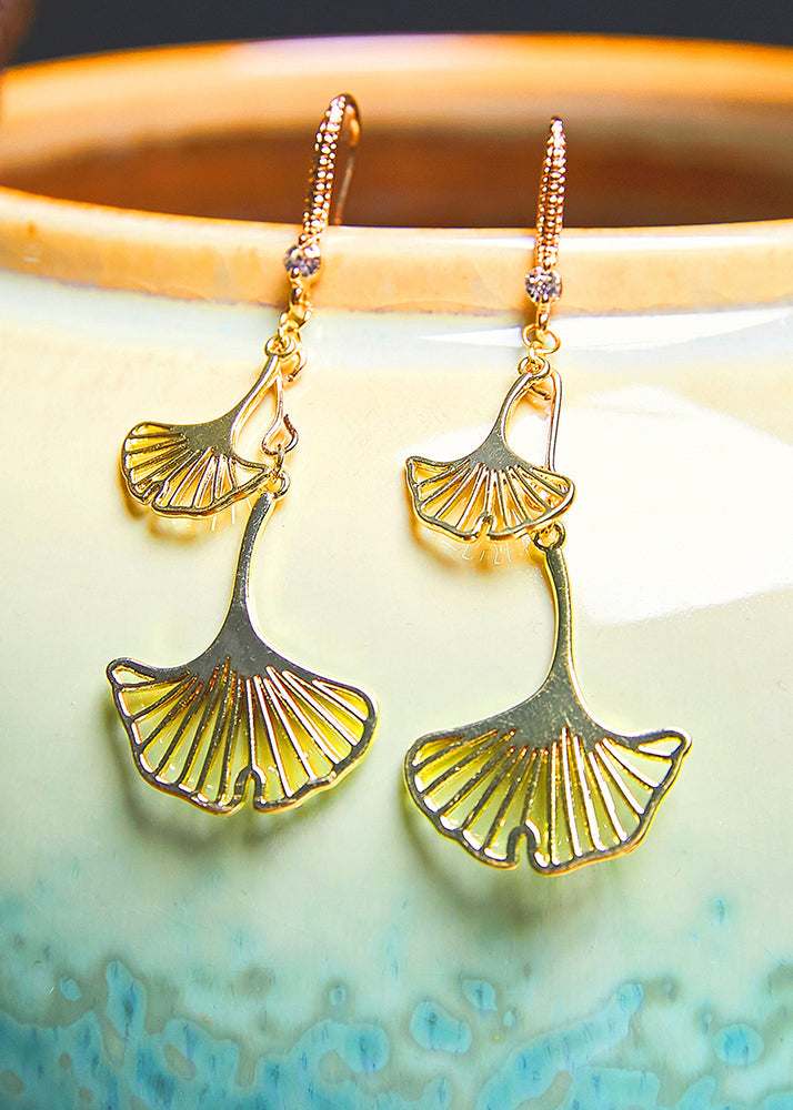Ginkgo Leaf 14k Gold Zircon Drop Earrings