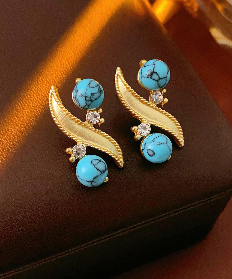 Gold Alloy Zircon Turquoise Stud Earrings
