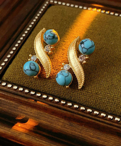 Gold Alloy Zircon Turquoise Stud Earrings